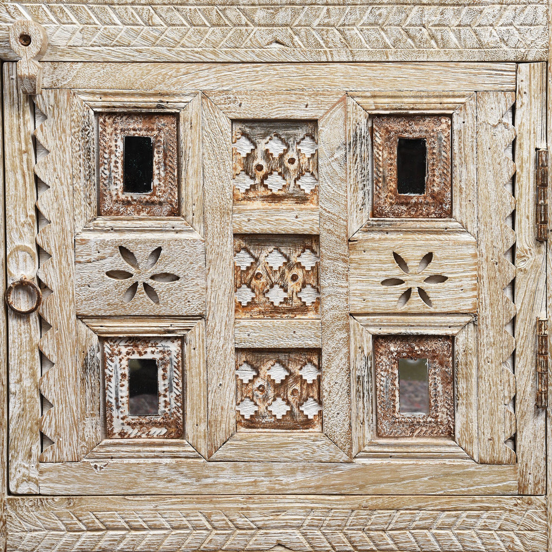 Mirrored detail from a White Limed Indian Kutchi Bedside Cabinet Made from Sustainable Mango Wood | Indigo Antiques