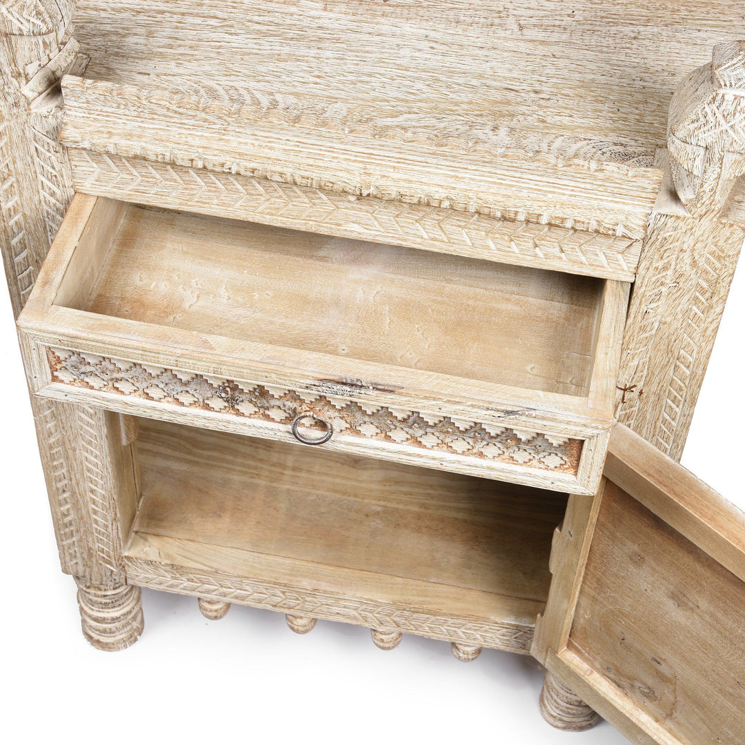 Open Door detail from a White Limed Indian Kutchi Bedside Cabinet Made from Sustainable Mango Wood | Indigo Antiques
