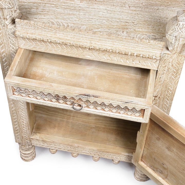 Open Door detail from a White Limed Indian Kutchi Bedside Cabinet Made from Sustainable Mango Wood | Indigo Antiques