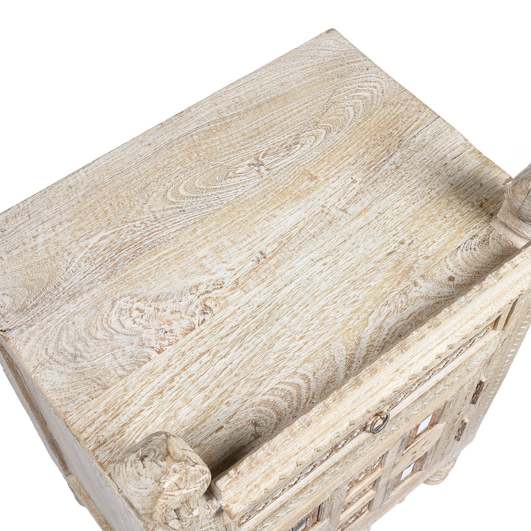 Mango Wood Top Detail White Limed Indian Kutchi Bedside Cabinet Made from Sustainable Mango Wood | Indigo Antiques