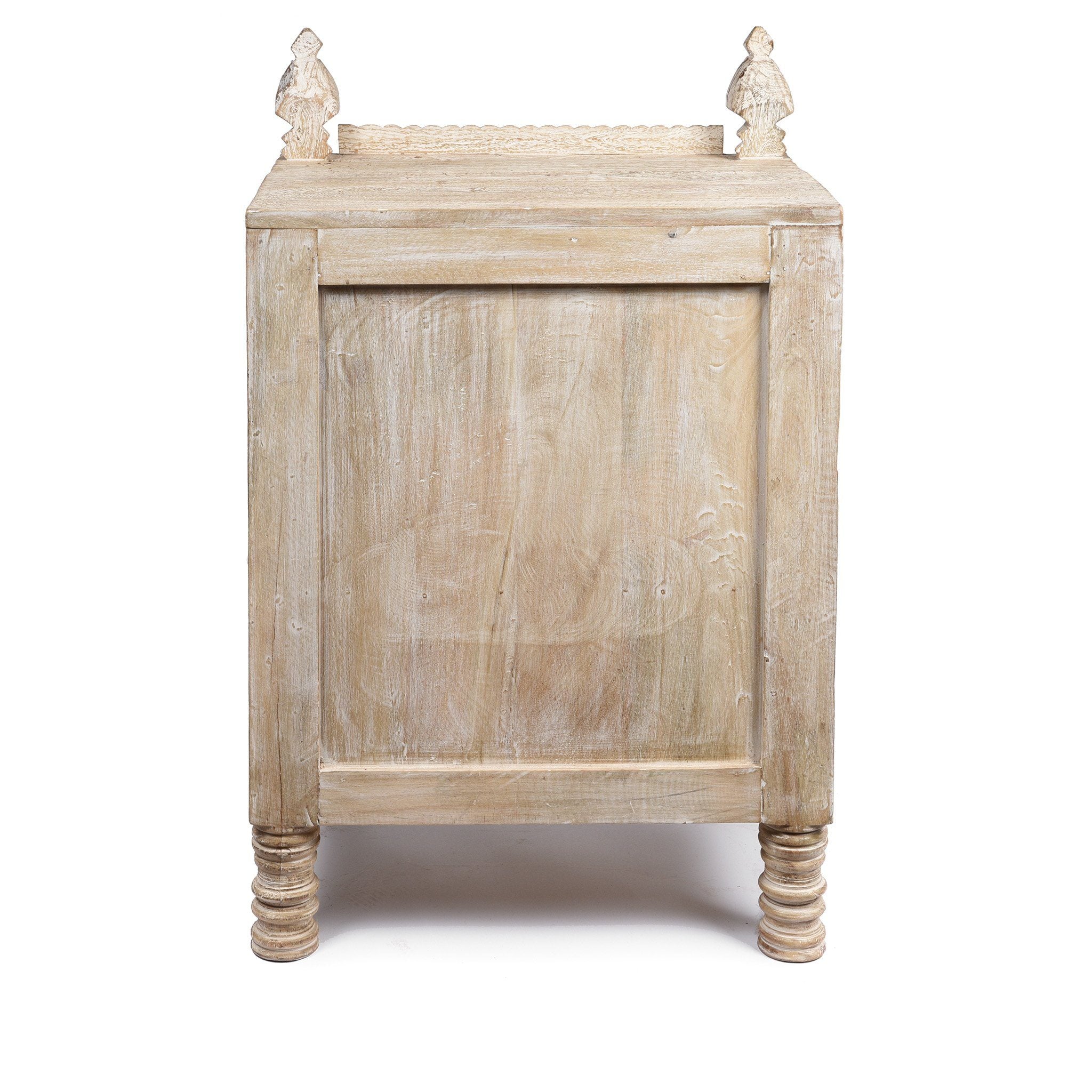 Back detail from a White Limed Indian Kutchi Bedside Cabinet Made from Sustainable Mango Wood | Indigo Antiques