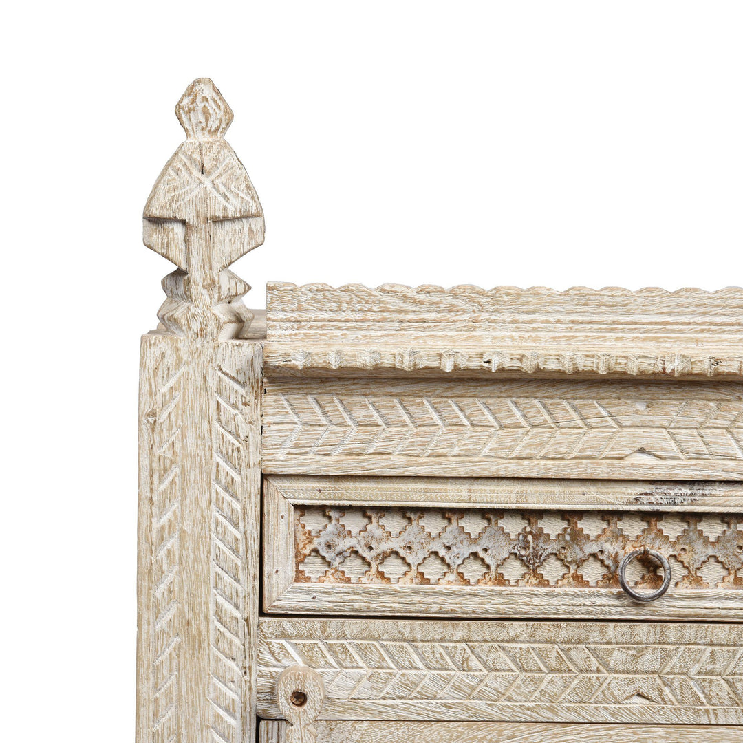 Front Detail from a White Limed Indian Kutchi Bedside Cabinet Made from Sustainable Mango Wood | Indigo Antiques