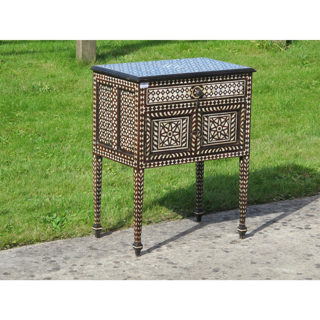 Teak Bedside Cabinet With Bone Inlay Work | Indigo Oriental Antiques