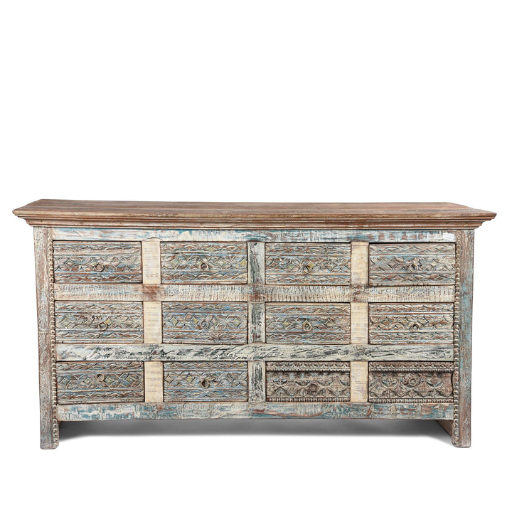 Carved Chest Of 12 Drawers Made From Reclaimed Teak | Indigo Antiques