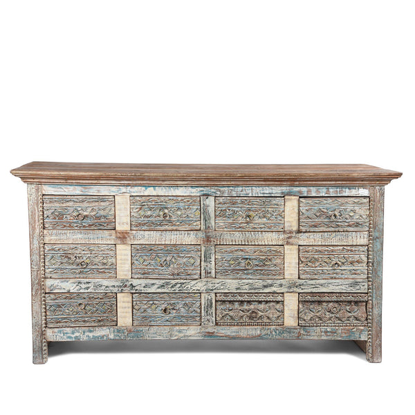 Carved Chest Of 12 Drawers Made From Reclaimed Teak