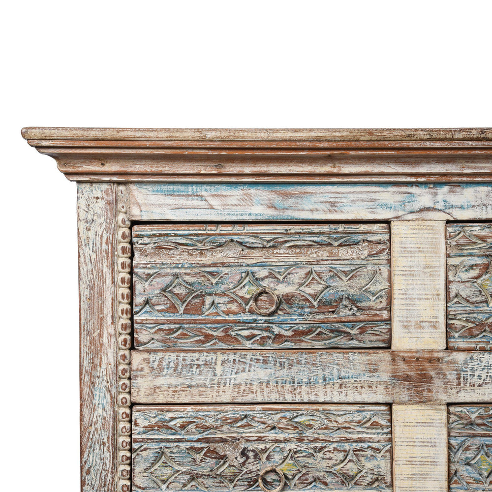 Corner Detail From Carved Chest Of 12 Drawers Made From Reclaimed Teak | Indigo Antiques
