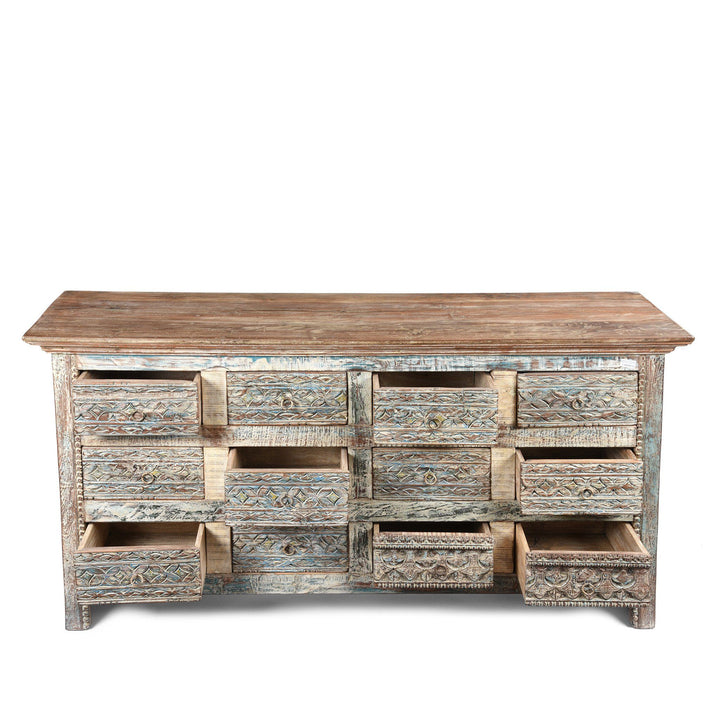 Open Draws From Carved Chest Of 12 Drawers Made From Reclaimed Teak | Indigo Antiques