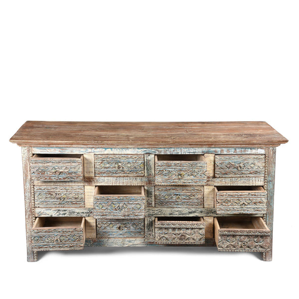 Carved Chest Of 12 Drawers Made From Reclaimed Teak