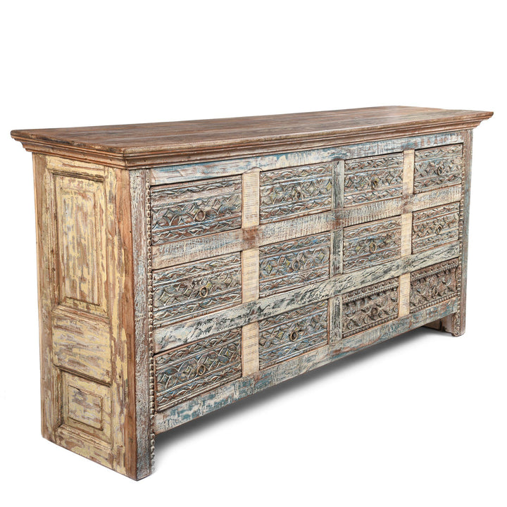 Corner View Of Carved Chest Of 12 Drawers Made From Reclaimed Teak | Indigo Antiques