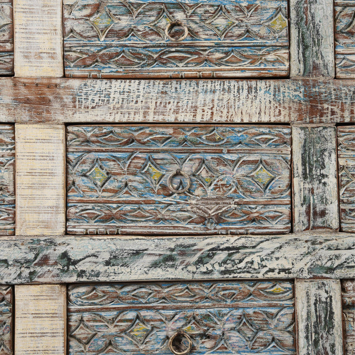 Carving Detail From Carved Chest Of 12 Drawers Made From Reclaimed Teak | Indigo Antiques