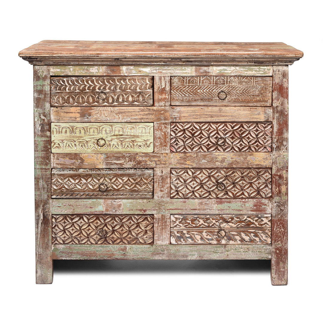 Indian Reproduction Carved Chest Of 8 Drawers Made From Reclaimed Teak | Indigo Antiques