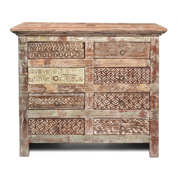 Carved Chest Of 8 Drawers Made From Reclaimed Teak