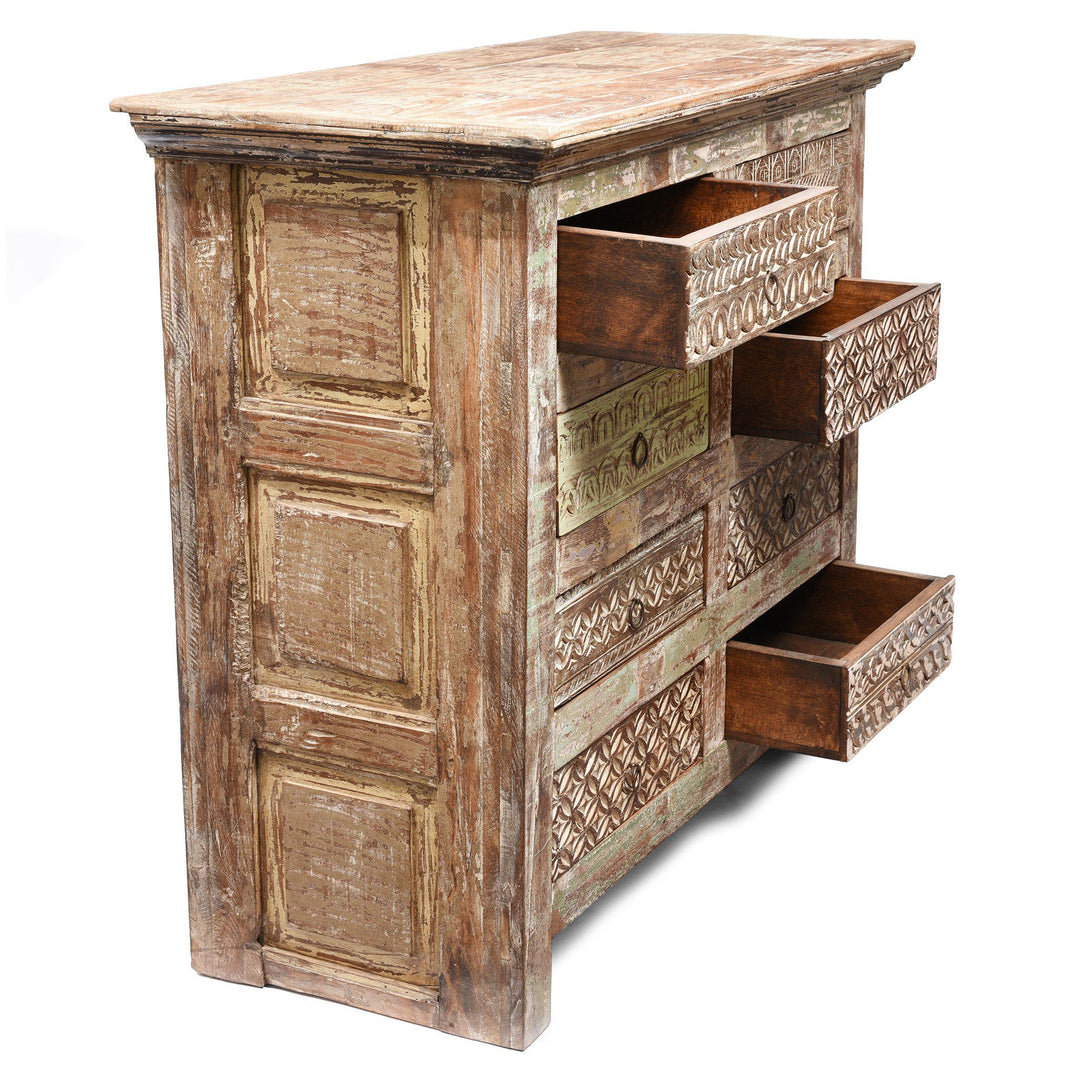 Open Detail from a Indian Reproduction Carved Chest Of 8 Drawers Made From Reclaimed Teak | Indigo Antiques