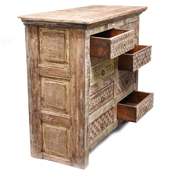 Open Detail from a Indian Reproduction Carved Chest Of 8 Drawers Made From Reclaimed Teak | Indigo Antiques