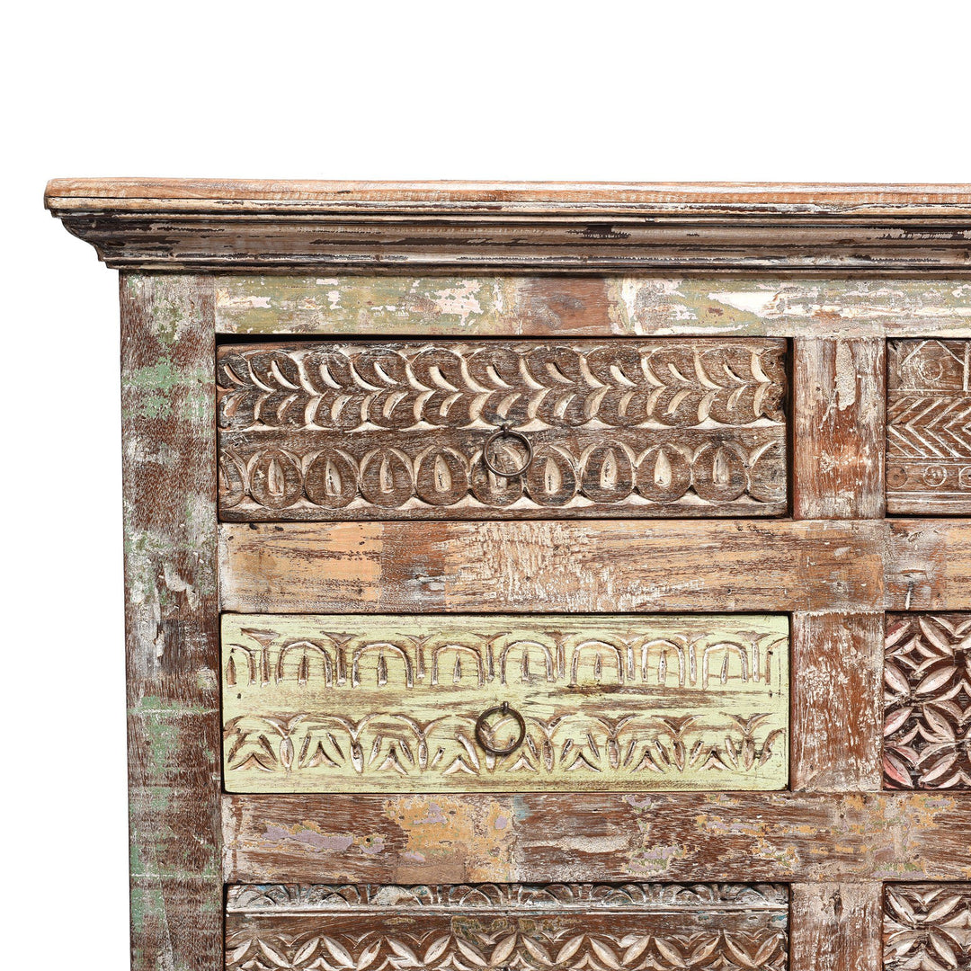 Drawer Detail from a Indian Reproduction Carved Chest Of 8 Drawers Made From Reclaimed Teak | Indigo Antiques
