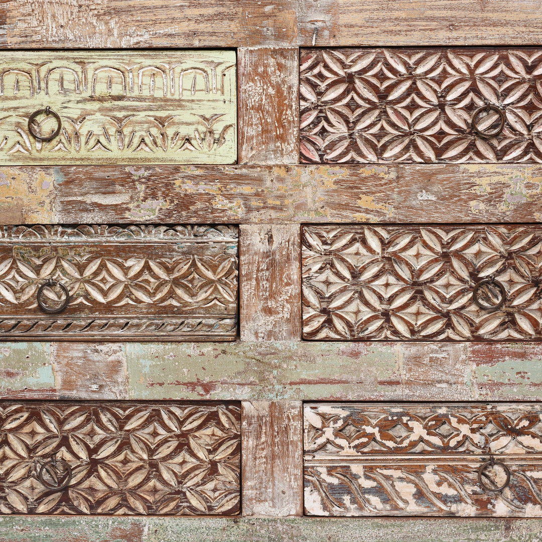 Carving Detail from an Indian Reproduction Carved Chest Of 8 Drawers Made From Reclaimed Teak | Indigo Antiques