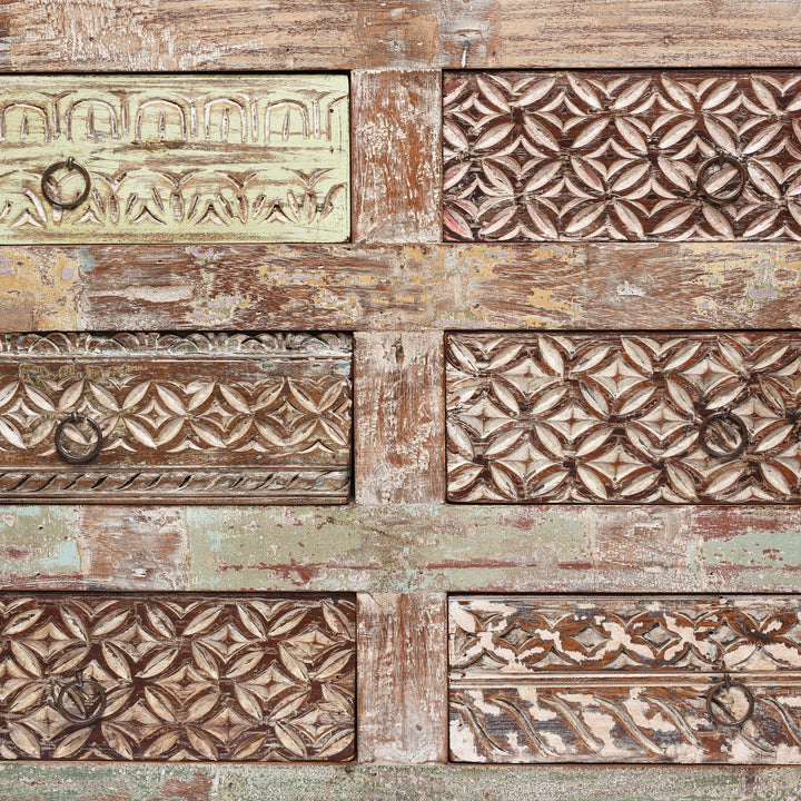 Carving Detail from an Indian Reproduction Carved Chest Of 8 Drawers Made From Reclaimed Teak | Indigo Antiques