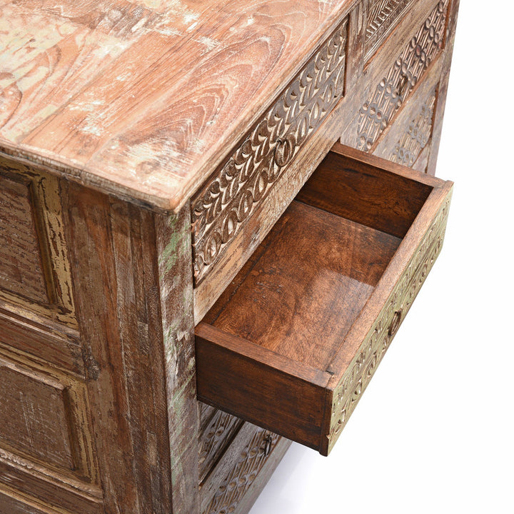 Open Drawer Detail from an Indian Reproduction Carved Chest Of 8 Drawers Made From Reclaimed Teak | Indigo Antiques