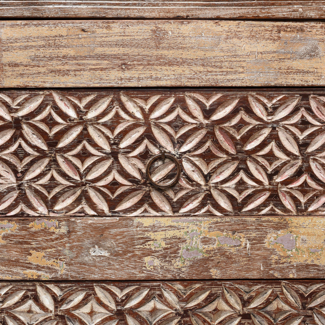 Detail Carving Detail from an Indian Reproduction Carved Chest Of 8 Drawers Made From Reclaimed Teak | Indigo Antiques