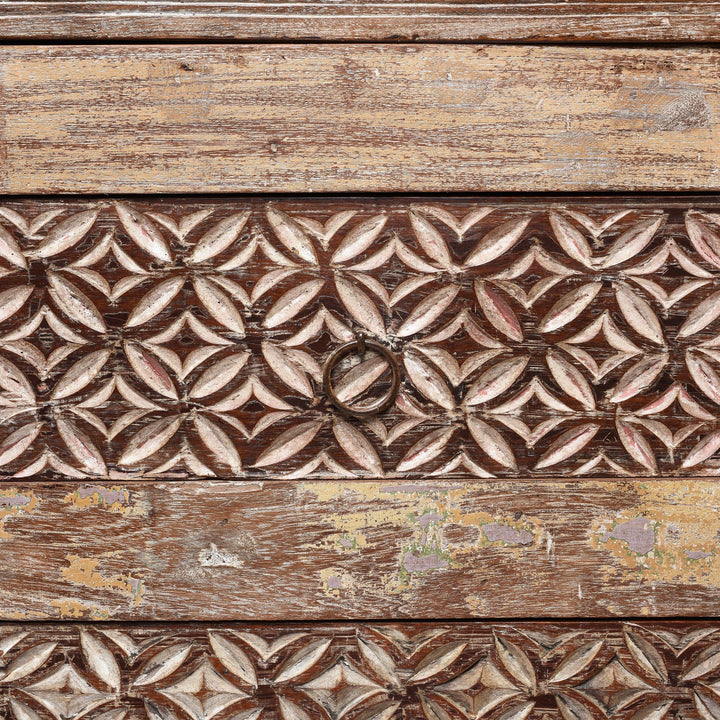 Detail Carving Detail from an Indian Reproduction Carved Chest Of 8 Drawers Made From Reclaimed Teak | Indigo Antiques