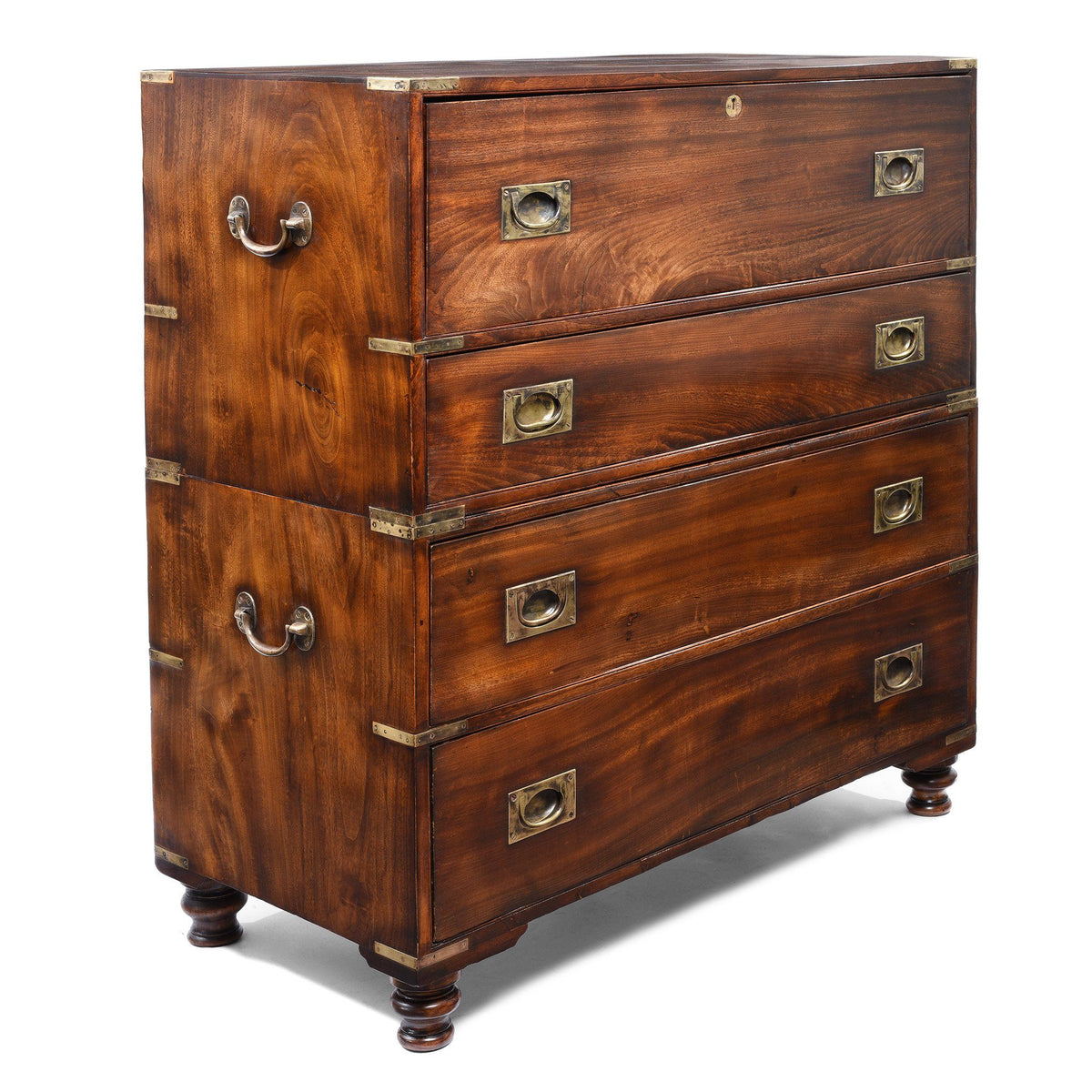 Corner View Of Chinese Export Secretaire Campaign Chest - Ca 1865 | Indigo Antiques