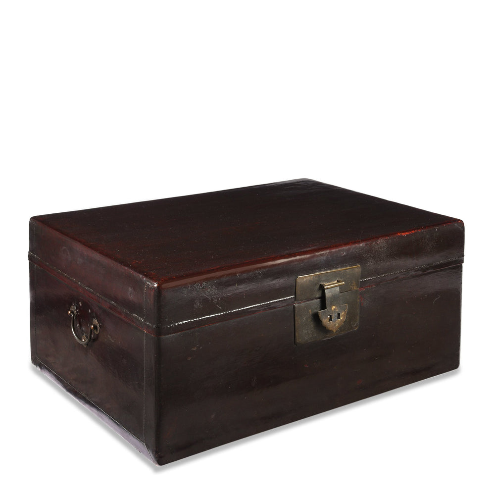 Side Detail from a Chinese Aubergine Leather Trunk From Shanghai - Ca 1920 | Indigo Antiques