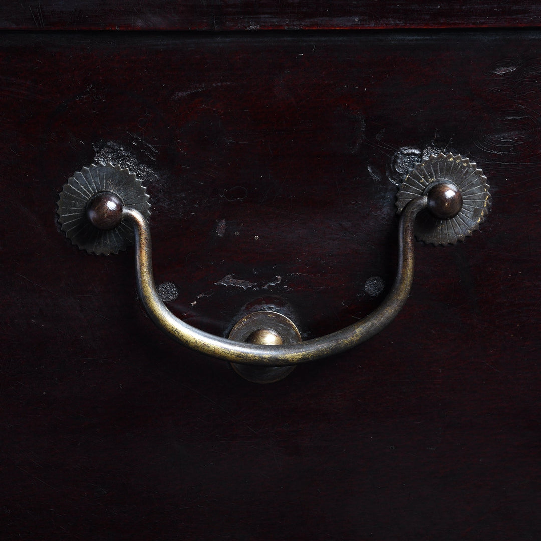 Handle Detail from a Chinese Aubergine Leather Trunk From Shanghai - Ca 1920 | Indigo Antiques