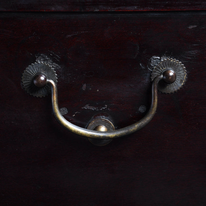 Handle Detail from a Chinese Aubergine Leather Trunk From Shanghai - Ca 1920 | Indigo Antiques