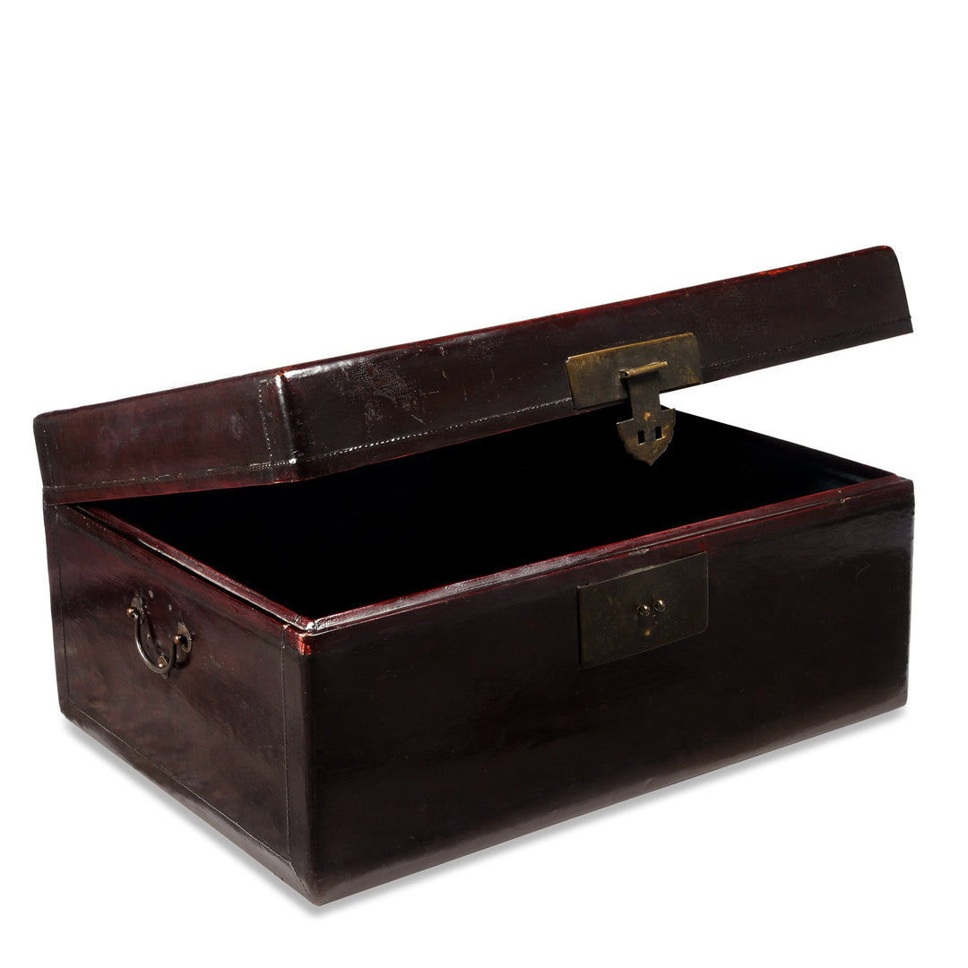 Open detail from a Chinese Aubergine Leather Trunk From Shanghai - Ca 1920 | Indigo Antiques