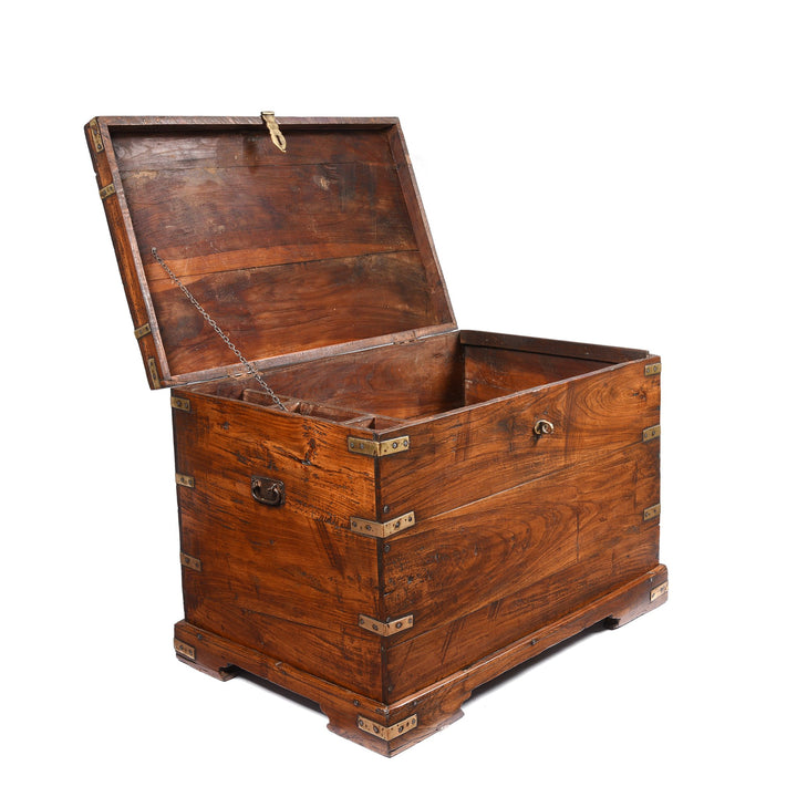 Open detail of an antique Brass Bound & Teak Indian Military Campaign Chest From Rajasthan  -19thC | Indigo Antiques
