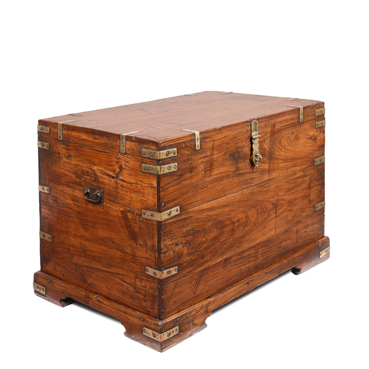 Side view of a Antique Brass Bound & Teak Indian Military Campaign Chest From Rajasthan -19thC | Indigo Antiques