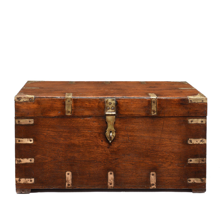 Brass Bound Indian Teak Military Chest From Rajasthan - 19thC