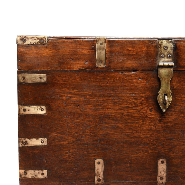 Brass Bound Indian Teak Military Chest From Rajasthan - 19thC