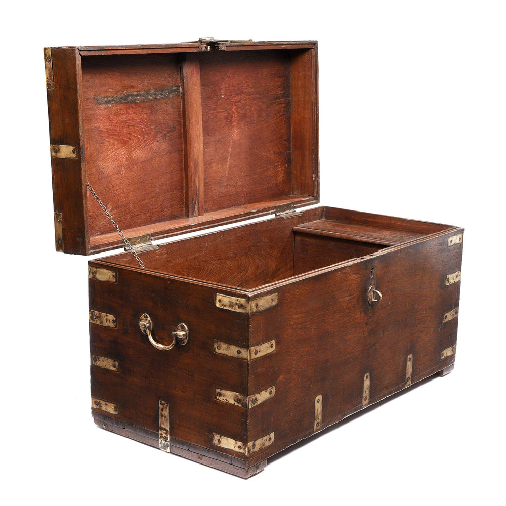 Brass Bound Indian Teak Military Chest From Rajasthan - 19thC