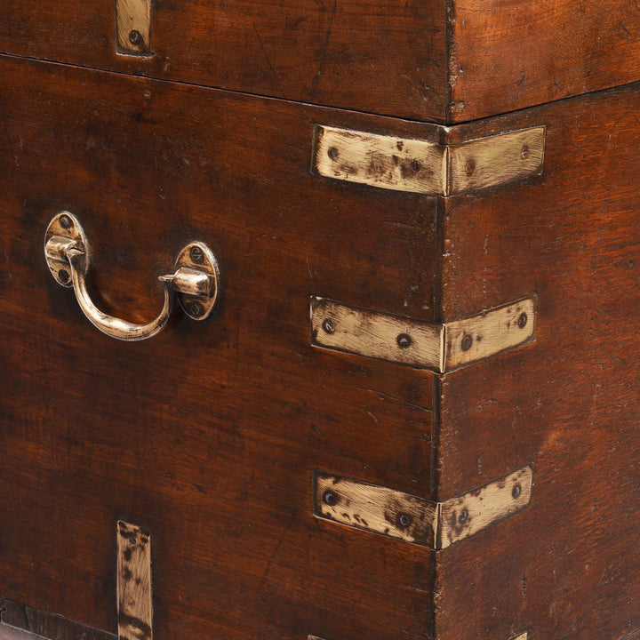 Brass Bound Indian Teak Military Chest From Rajasthan - 19thC