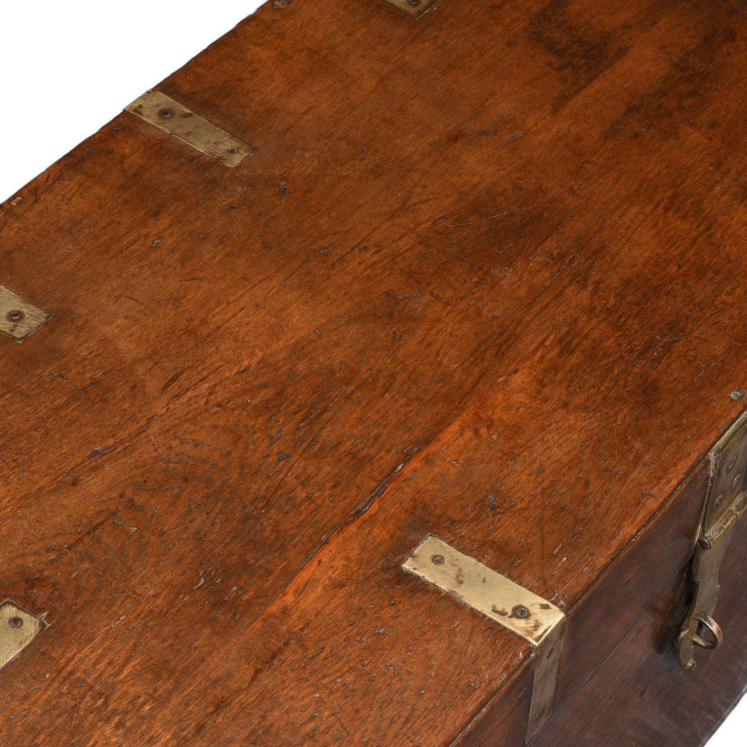 Brass Bound Indian Teak Military Chest From Rajasthan - 19thC