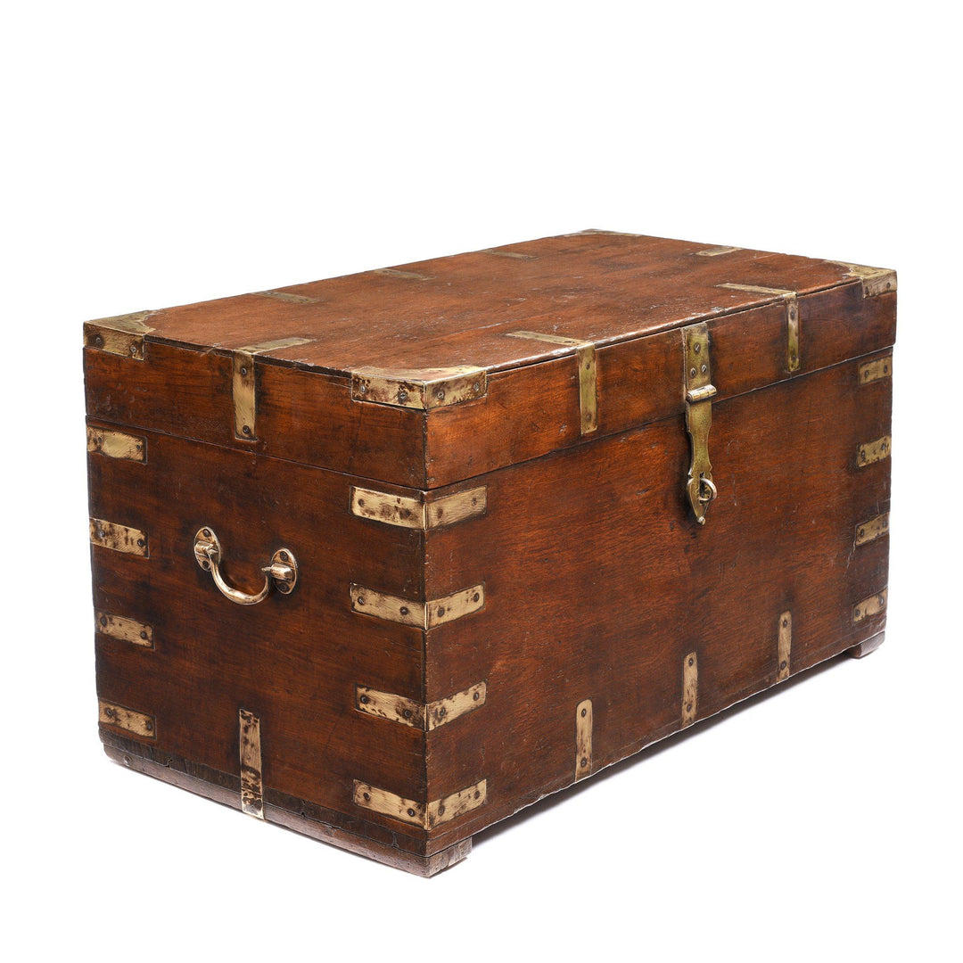 Brass Bound Indian Teak Military Chest From Rajasthan - 19thC