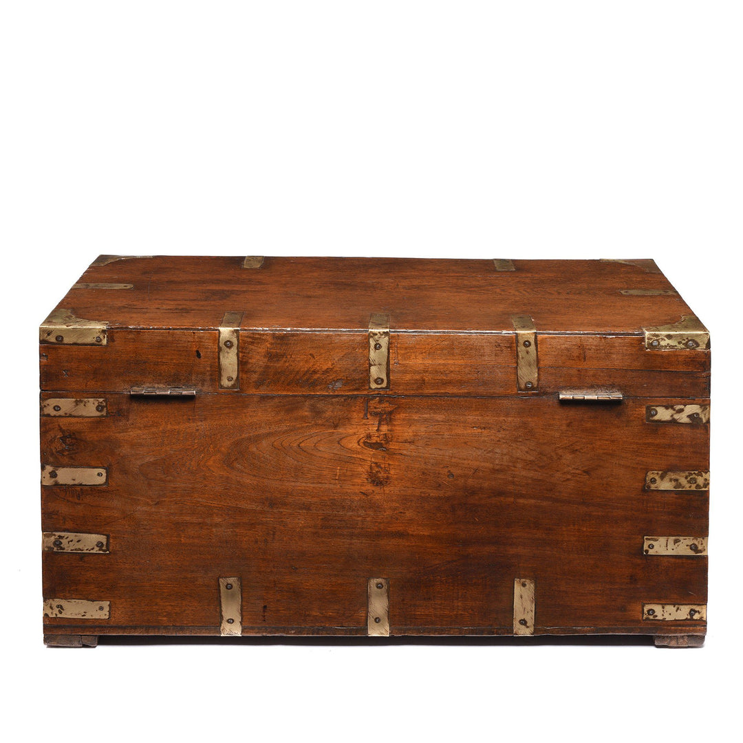 Brass Bound Indian Teak Military Chest From Rajasthan - 19thC