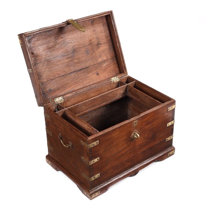 Open Lid View Of Brass Bound Teak Indian Military Chest, Rajasthan -19Thc | Indigo Antiques