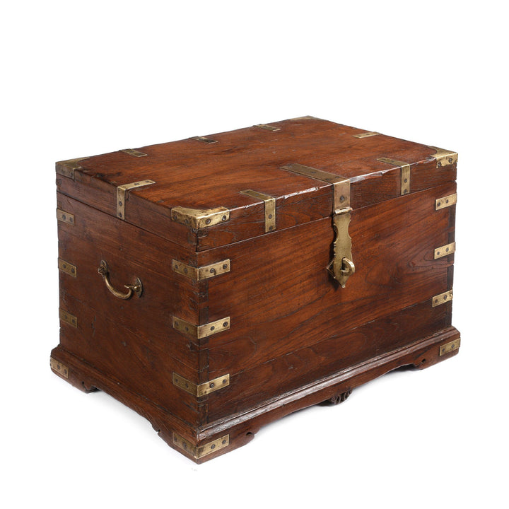 Angled View Of Brass Bound Teak Indian Military Chest, Rajasthan -19Thc | Indigo Antiques