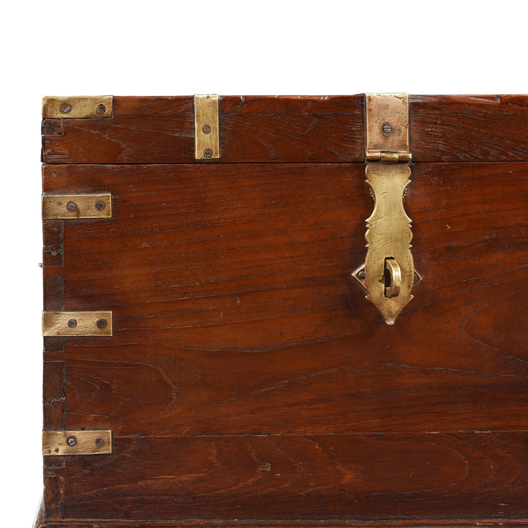 Corner Detail of Brass Bound Teak Indian Military Chest, Rajasthan -19Thc | Indigo Antiques