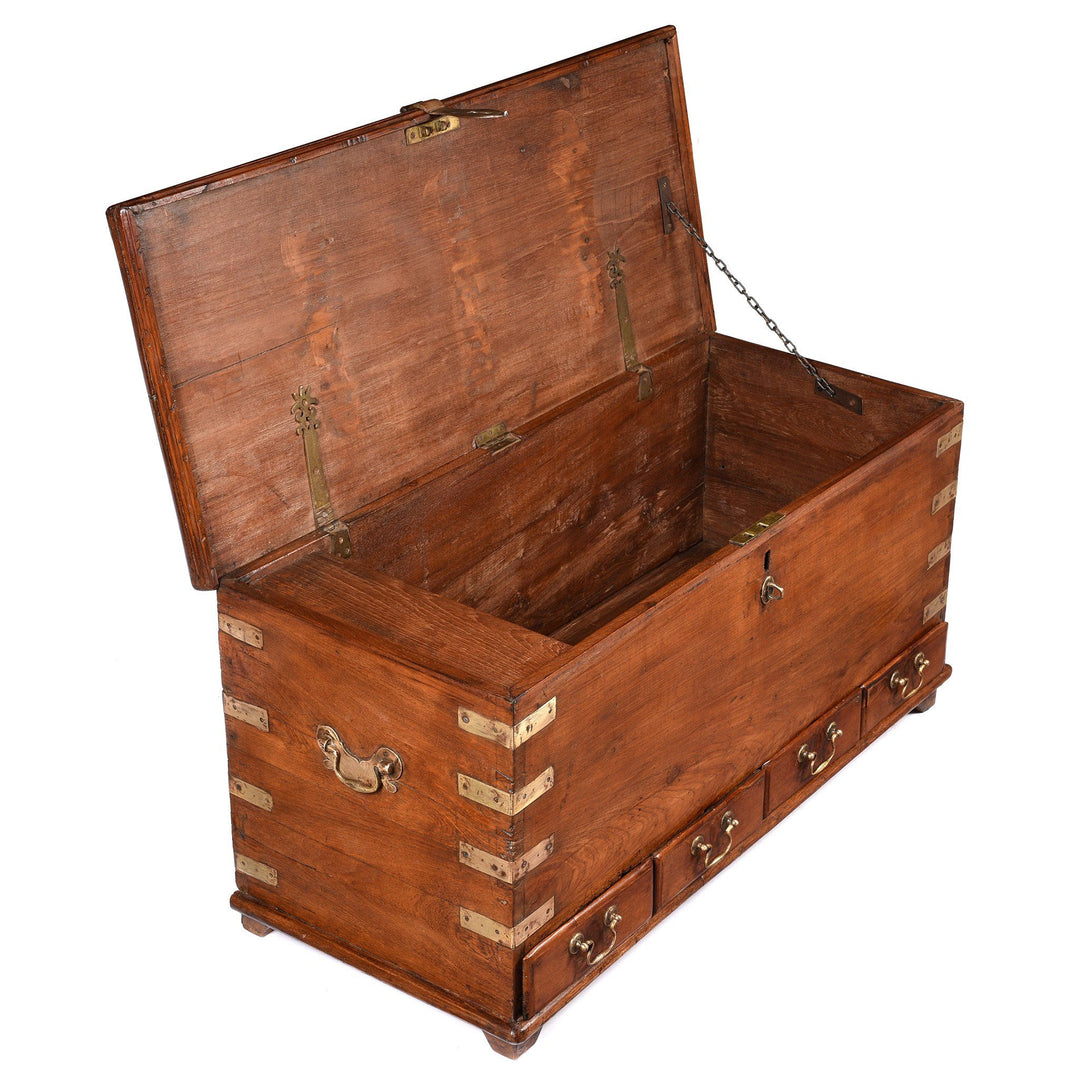 Open View Of Brass Bound Teak Indian Military Chest, Rajasthan -19Thc| Indigo Antiques