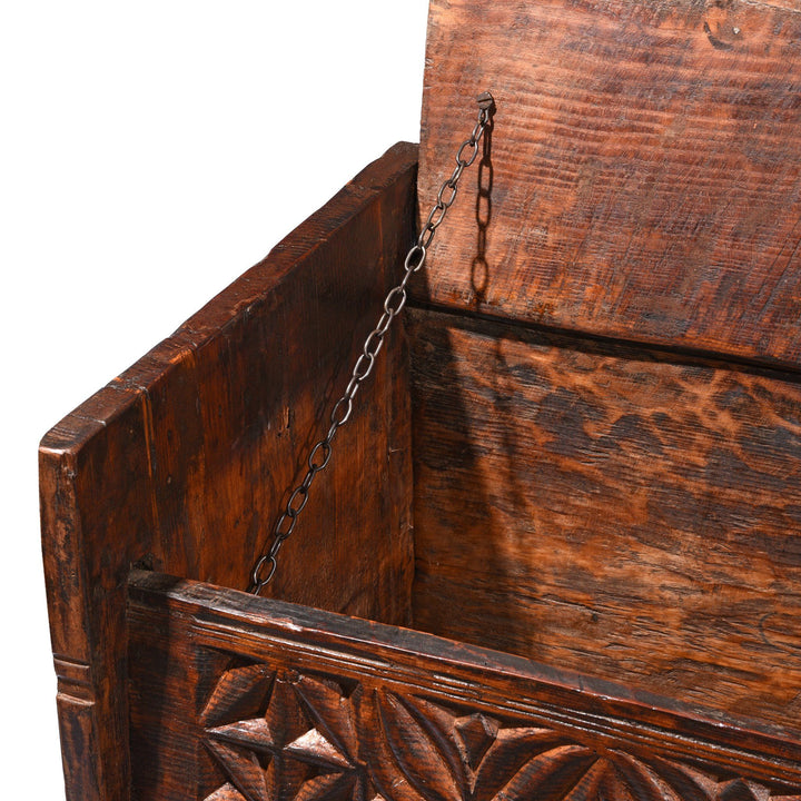 Carved Himalayan Cedar Coffer from the Kulu Valley - 19thC Console Storage Chest | Indigo Oriental Antiques