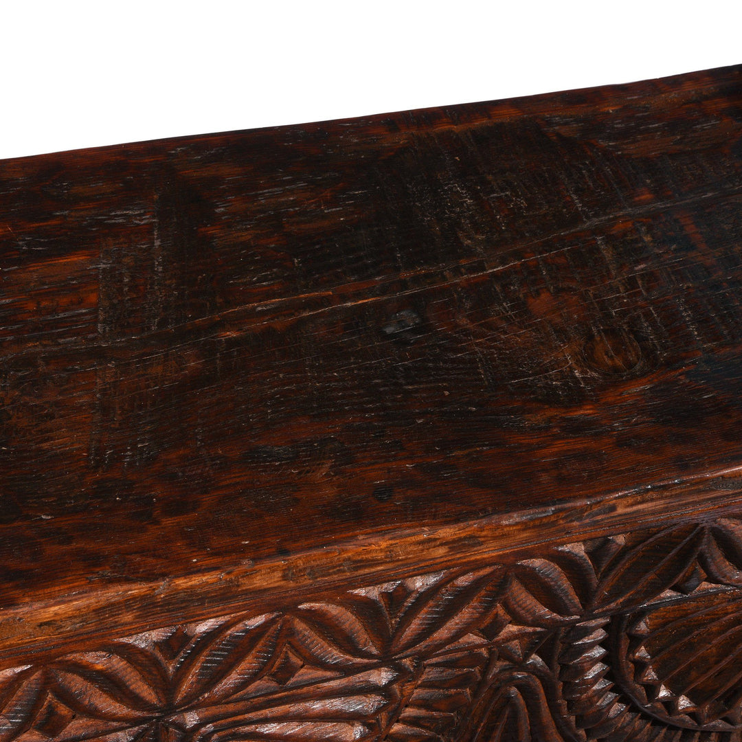 Carved Himalayan Cedar Coffer from the Kulu Valley - 19thC Console Storage Chest | Indigo Oriental Antiques