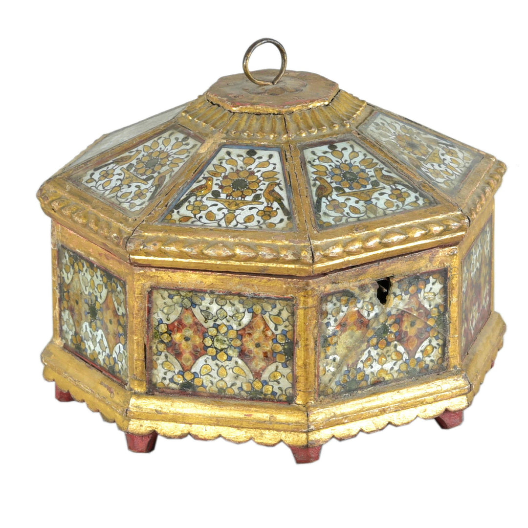 Gilded Mirror Work Octagonal Box From Rajasthan - Ca 100 yrs old | Indigo Oriental Antiques