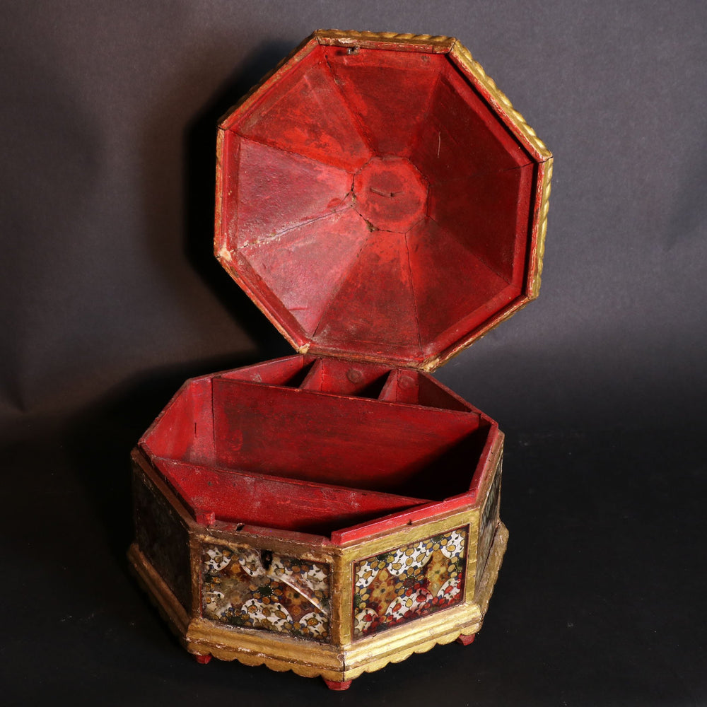 Gilded Mirror Work Octagonal Box From Rajasthan - Ca 100 yrs old | Indigo Oriental Antiques