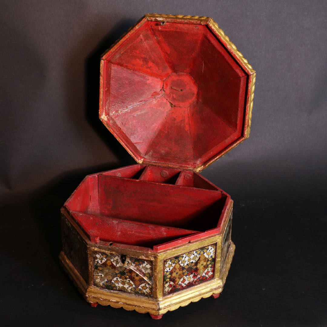 Gilded Mirror Work Octagonal Box From Rajasthan - Ca 100 yrs old | Indigo Oriental Antiques