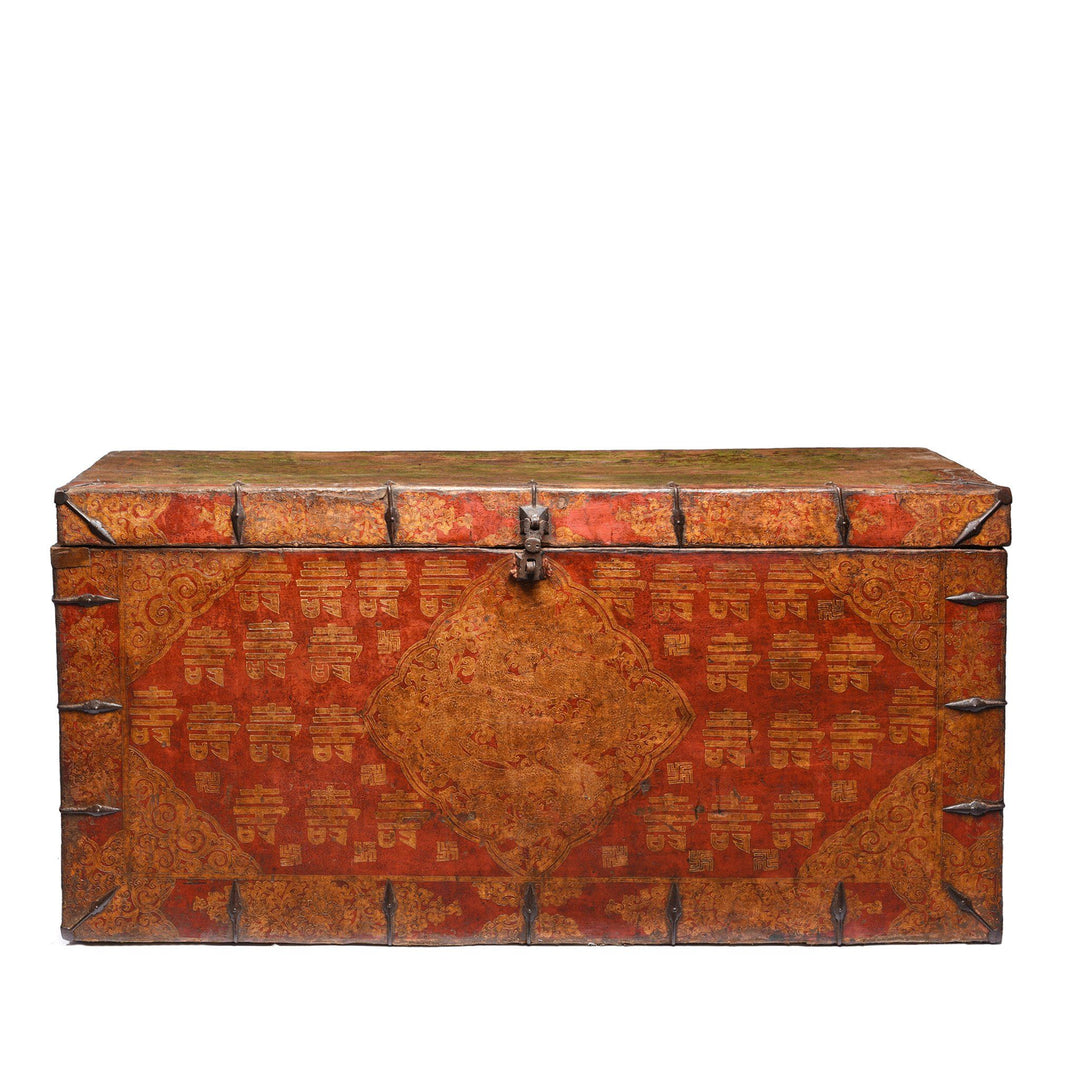 Antique Gilt Painted Tibetan Dragon & Shou Chest - 18thC | Indigo Antiques