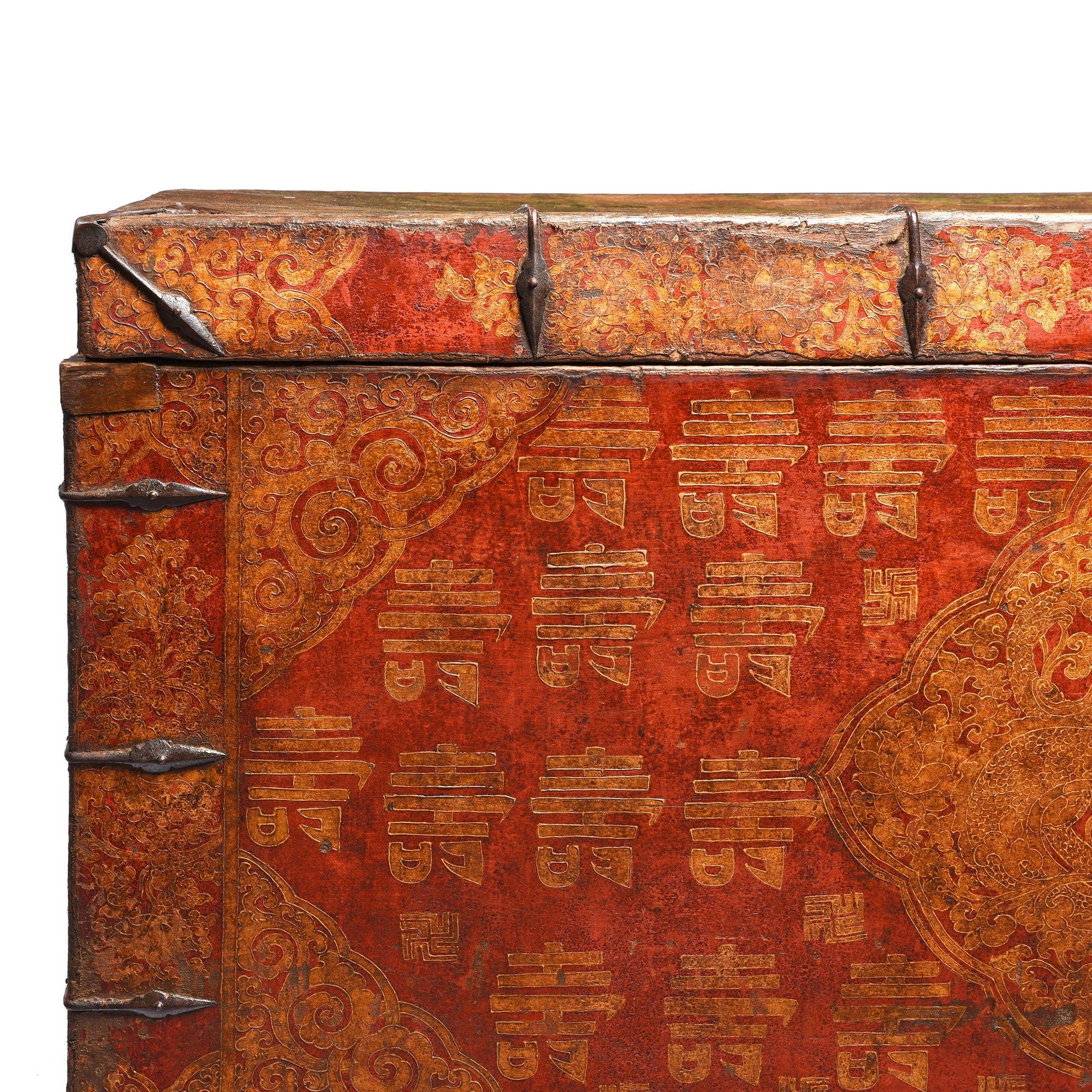 Antique Gilt Painted Tibetan Dragon & Shou Chest - 18thC | Indigo Antiques
