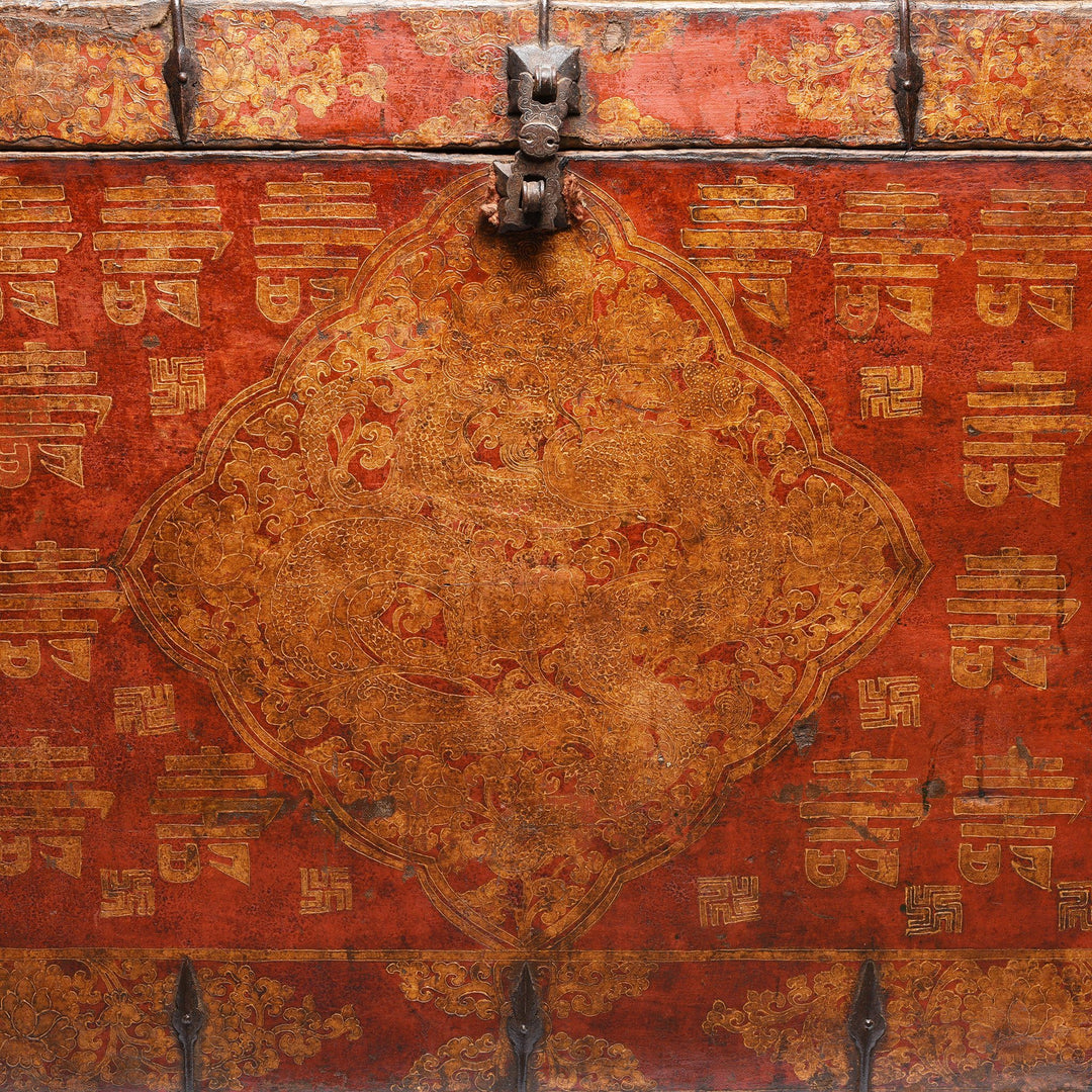 Antique Gilt Painted Tibetan Dragon & Shou Chest - 18thC | Indigo Antiques